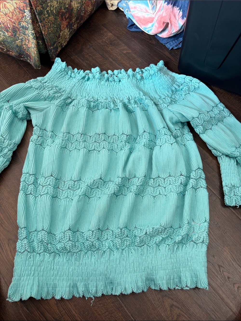 Smocked Off-Shoulder Women’s Top in Aqua